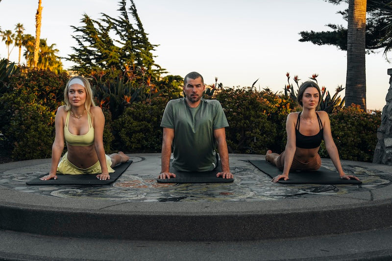(Left) skyline sports bra, canyon everyday run short, (middle) forest all day tee, fairview training day performance pant, (right) skyline bra, monte vista body short