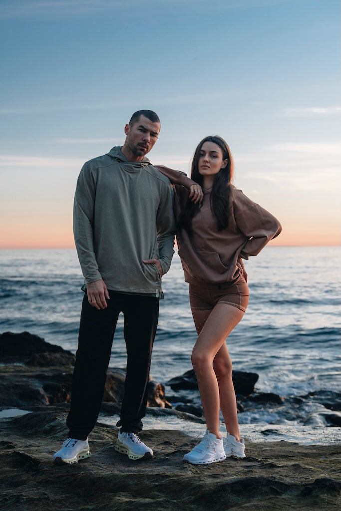 (Man) heisler lightweight hoodie tee, fairview training day performance pant (woman) aligned pullover hoodie, monte vista body short
