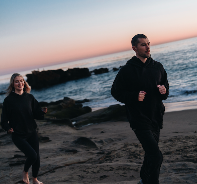 (Woman) aligned pullover hoodie, summit legging, (man) north laguna pullover hoodie, fairview training day performance pant