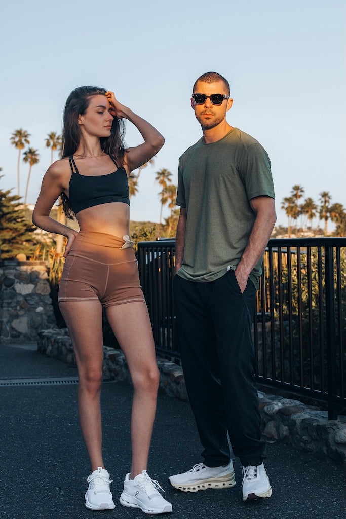 (Woman) skyline bra, monte vista body short, (Man) forest all day tee, fairview training performance pant